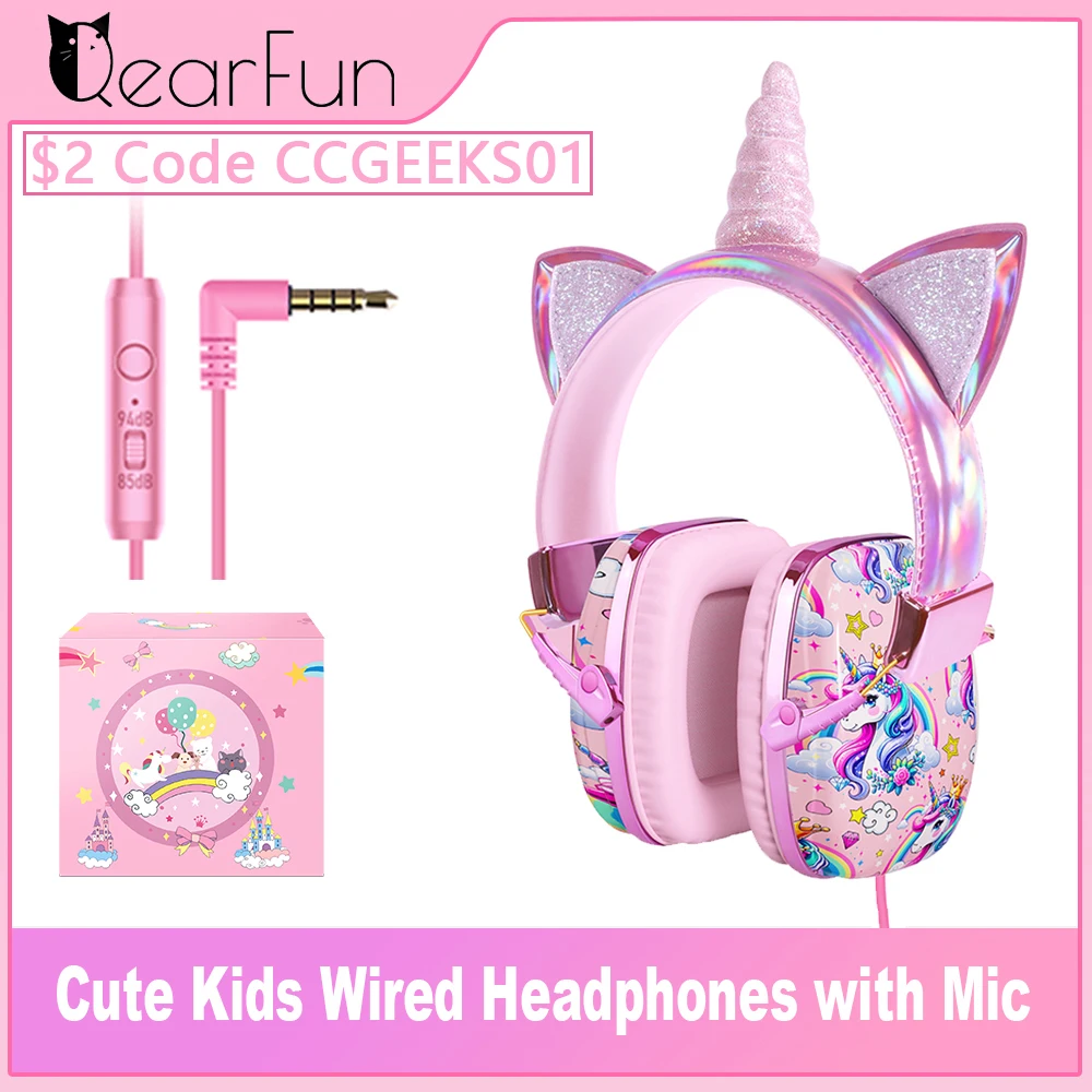 Cute Unicorn Kids Headphones Wired Headphones With Mic 85dB Volume Limite Children's Earphones for iPad Shcool Travel Kids Gifts