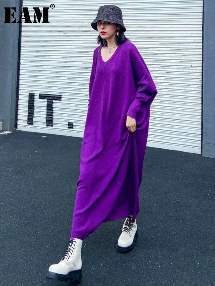 

[EAM] женское фиолетовое короткое трикотажное платье большого размера, новое Свободное платье с v-образным вырезом и длинными рукавами, весна-осень 2024, 1DH1749