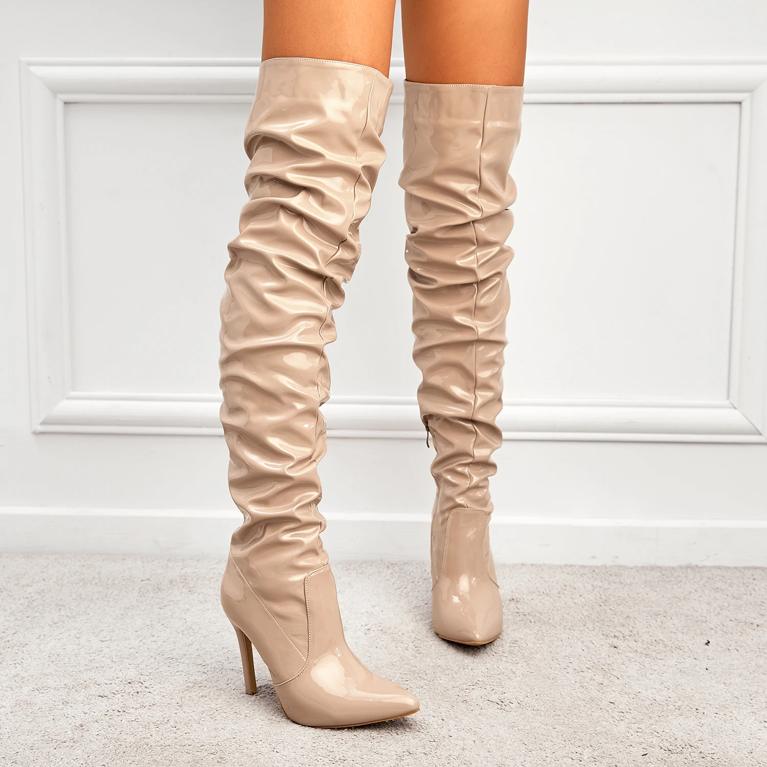 Sexy Pointed Toe Super Stiletto Pleated Fashion Boots Patent Leather Side Zip Short Plush Inner Women's Over The Knee Boots