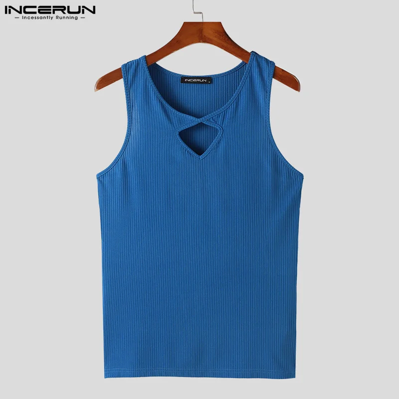 2024 Men's Tank Tops Solid Color V Neck Sleeveless Fitness Hollow Out Male Vests Streetwear Summer Casual Men Clothing INCERUN