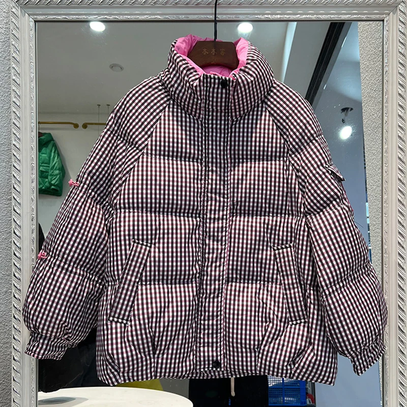 Korean Fashion Winter Short Lattice Jacket Women Bread Loose Stand Collar Female Down Parkas 90% White Duck Down Coats 2022 New