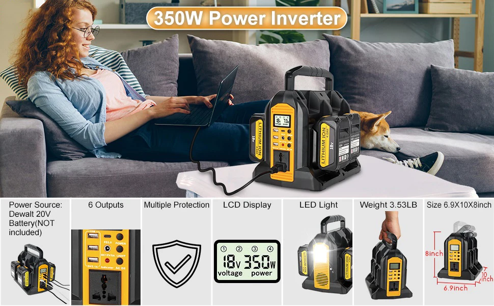 350W Power Inverter for Dewalt 20v 60v Battery 4-Ports DC 20V to AC 120V/220-230