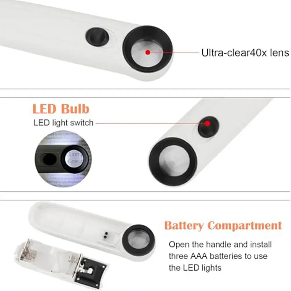 LED 조명 휴대용 돋보기, 쥬얼리 루페, 눈 렌즈, 시계 수리 도구, 회로 기판, 21mm, 40X