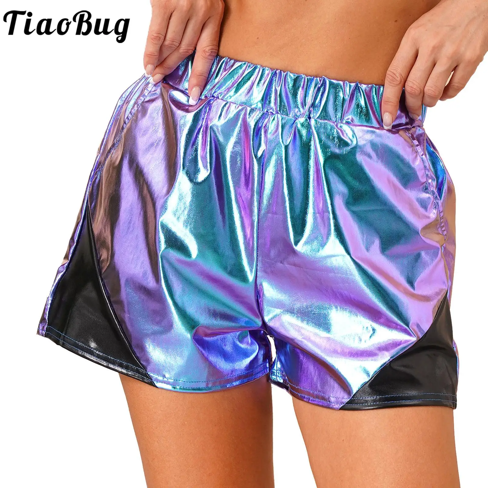 

Womens Metallic Shiny Hot Pants Elastic Waist Side Pockets Loose Shorts Sparkly Hot Pants for Clubwear Pool Rave Party