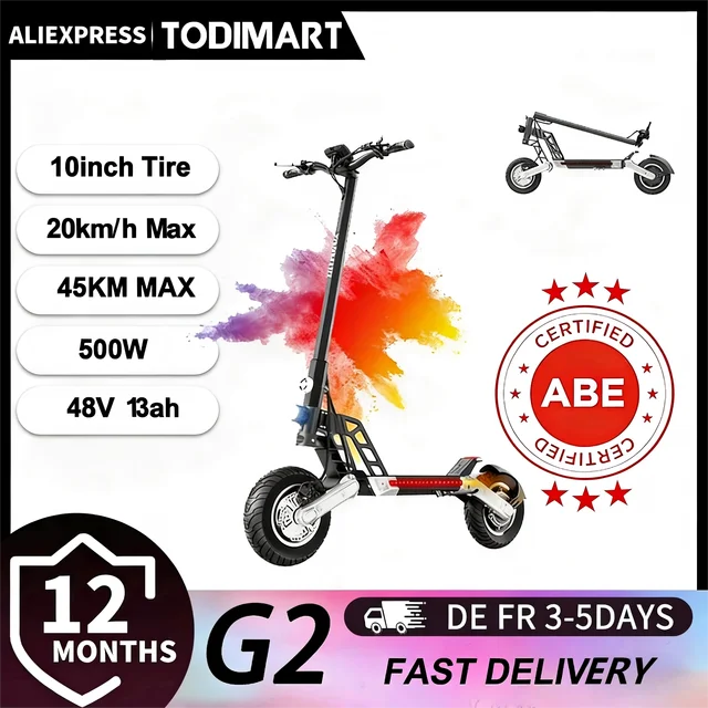 Trottinette électrique homologuée TODIMART G2 ABE, 48V 13Ah 500W, autonomie 40-60 km, vitesse 20 km/h, double amortissement, pneus de 10 pouces 1
