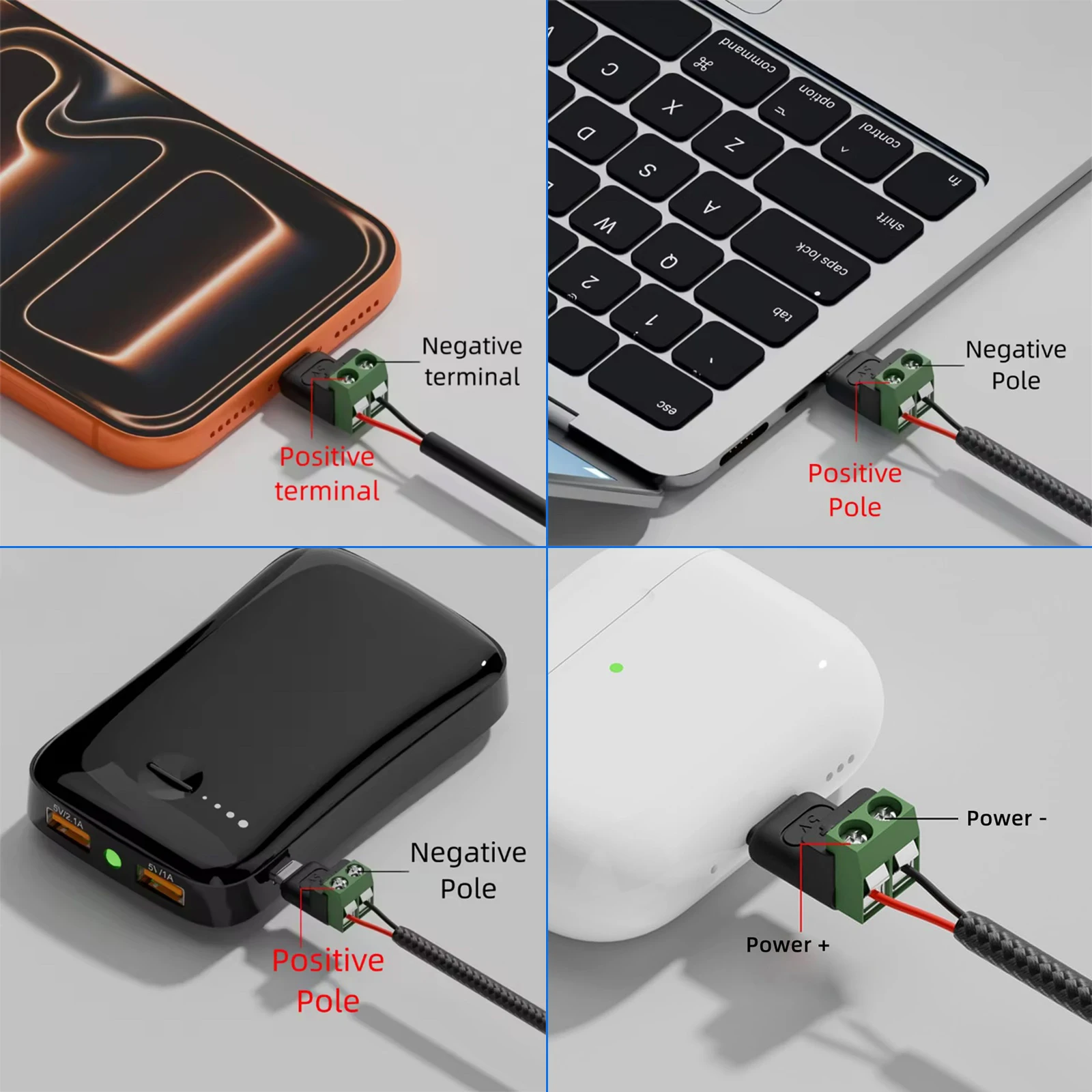 USB 타입 C 남성-2핀 나사 단자 충전 어댑터 5V 타입 C 2핀 무납땜 OTG 커넥터 (모바일 기기 충전용)