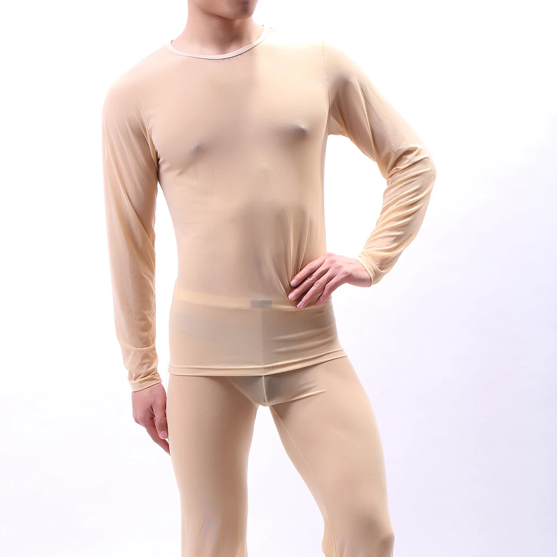 New Fashion Mens Sexy Transparent Gauze Undershirt Utra-thin O-neck See Through Mesh Long Sleeve Fitness T Shirt Men Tees