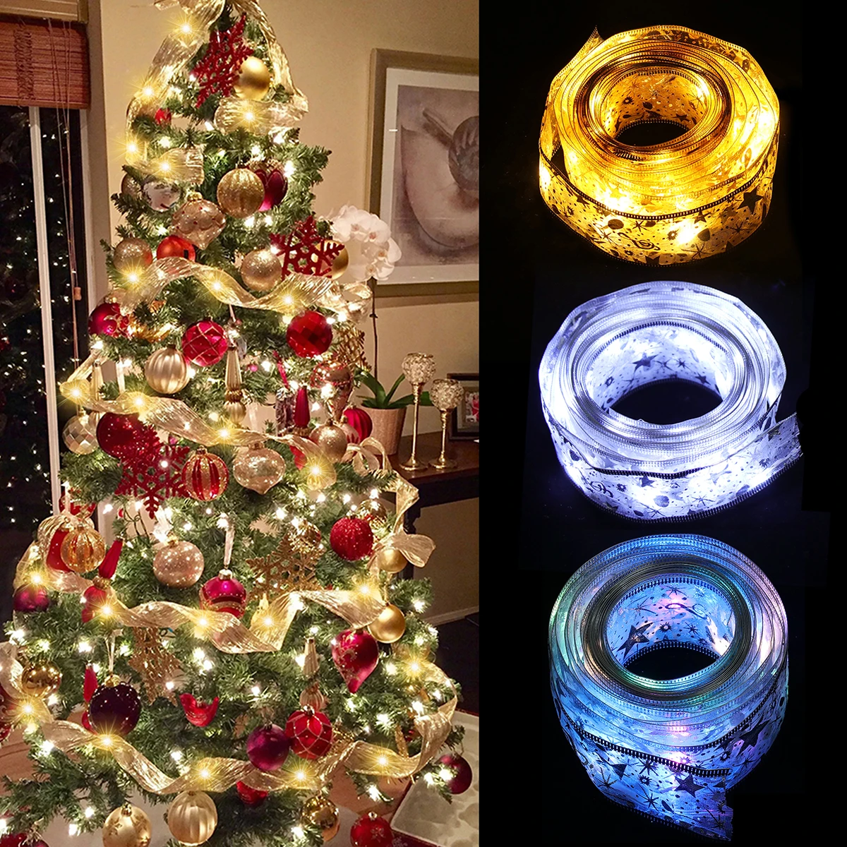 Festive Christmas Ribbon Fairy Light String - Holiday Home Decor Ornament & Gift