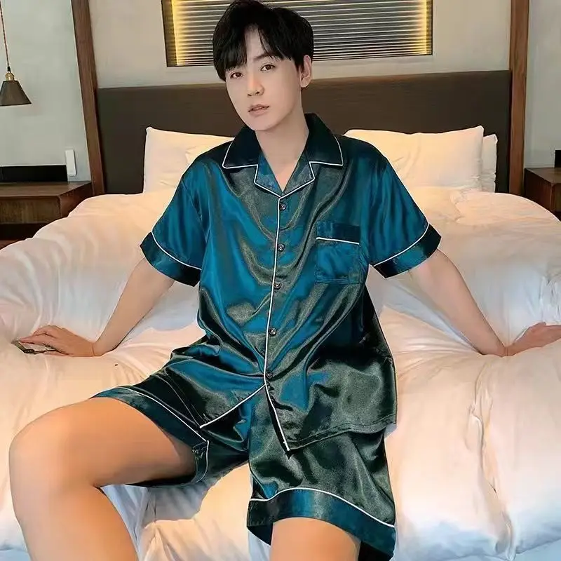 Pajamas Set Silk Pajamas Man Pajamas Set Satin Pajama Set Men Ice Silk Satin Short Sleeve Shirt+Shorts 2Pcs Suit Summer Thin Sleepwear Solid Color Casual Home Clothes