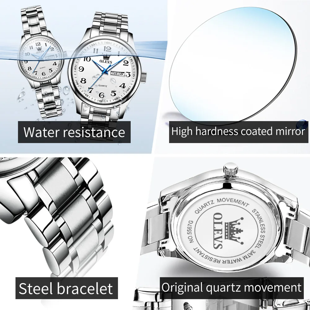 OLEVS Original Brand Luxury Couple Watches Fashion Stainless Steel Textured Strap Waterproof Date Week Dial Quartz Wristwatches