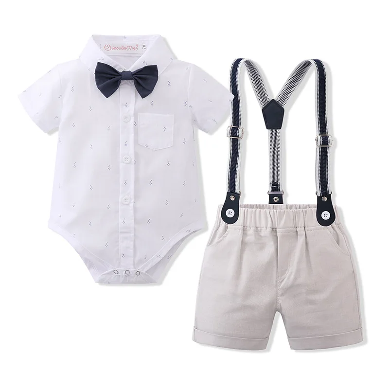 2022 Summer New Children&s Clothing Sets Thin Two-piece Short-sleeved Bowtie Shirt Romper+Suspenders Shorts Clothes 3159