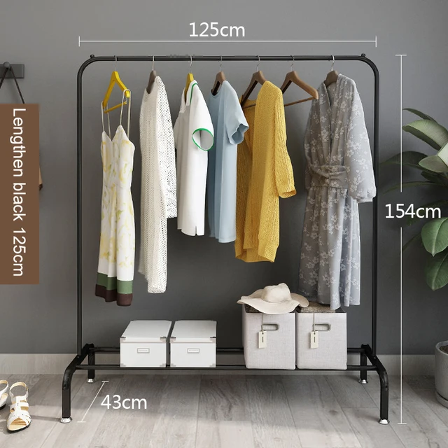 Garment Rack Floor Standing Clothes Hanger Double Pole Coat Rack Wardrobe Clothing Drying Rack Mobile Cloth Rail Home Furniture Black 125cm
