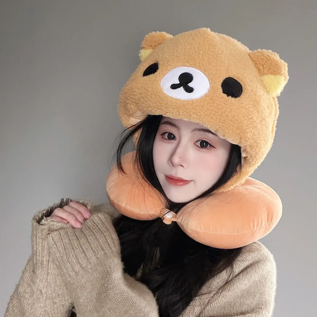 Niedliches Rilakkuma Nackenkissen mit Kapuze, weiches Plüsch-Bären-U-förmiges Reisekissen in Weiß-Braun für Reisen, Büro, warme Nickerchen, Mädchen – Detail 11