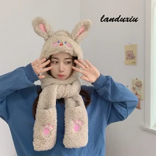 

Balaclava with Ear Cartoon Bear Lamb Plush Caps Gloves Scarf Set Warm Thickened Ear Brown Hat ForGirl New Year Gift landuxiu