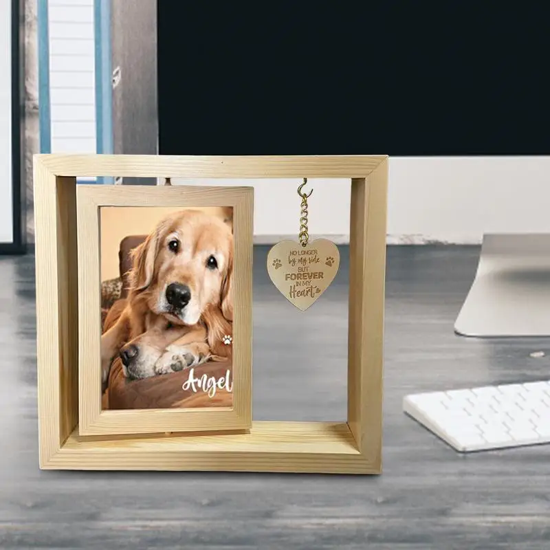 Wooden Dog Memorial Photo Frame Desktop Rotatable Frame Heart Pendant Dog Memorial Home Table Decoration For Bedroom Living Room
