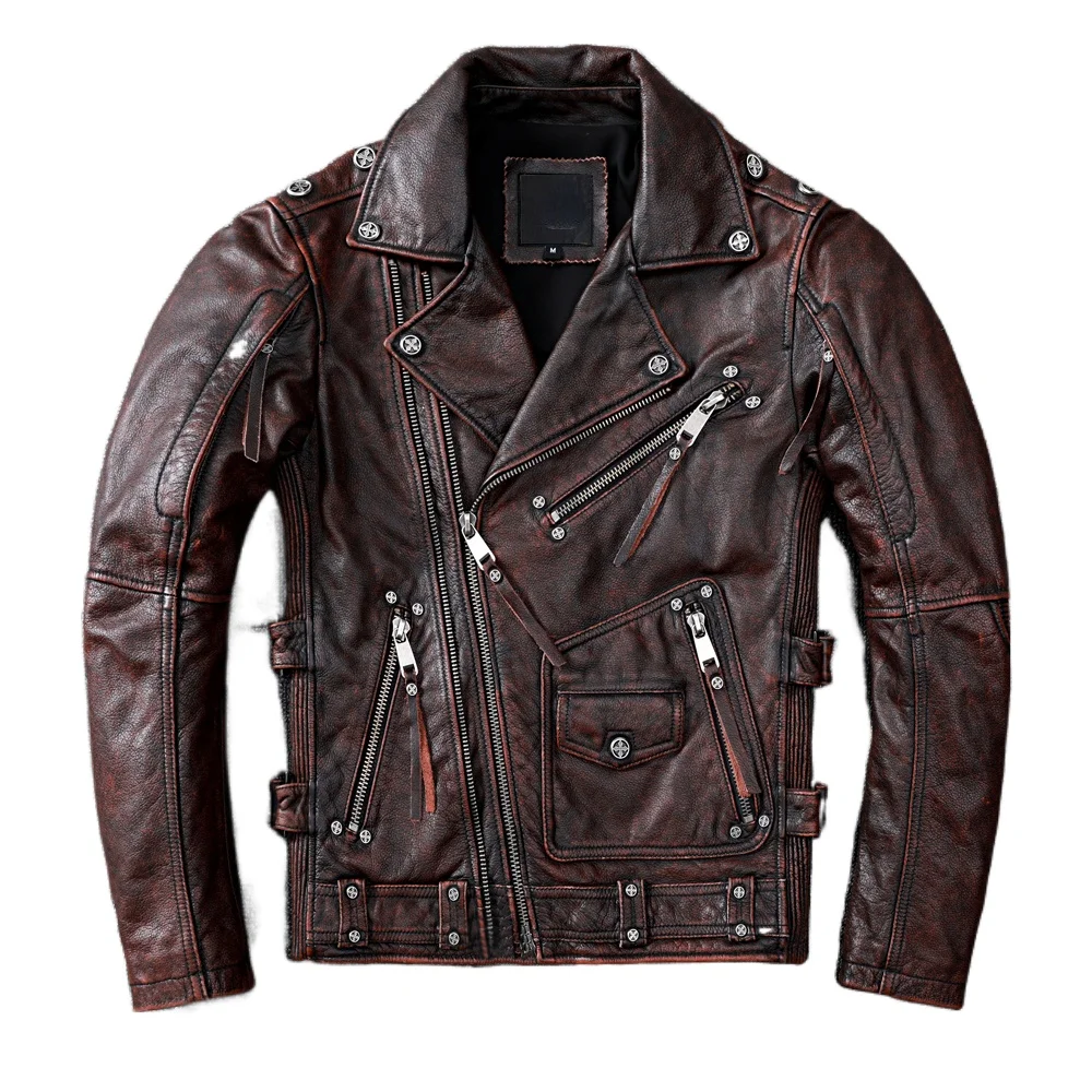 Vintage Brown Motorcycle Leather Jacket Men Natural Genuine Cowhide Jackets Autumn Slim Fit Biker's Ooblique Zipper Coat for Men Leather Jacket
