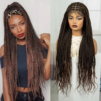 36 Inches 1B-30 Ombre Synthetic Braided Wigs with Baby Hair Knotless Lace Front Straight Boho Braiding Hair Wig for Black Women