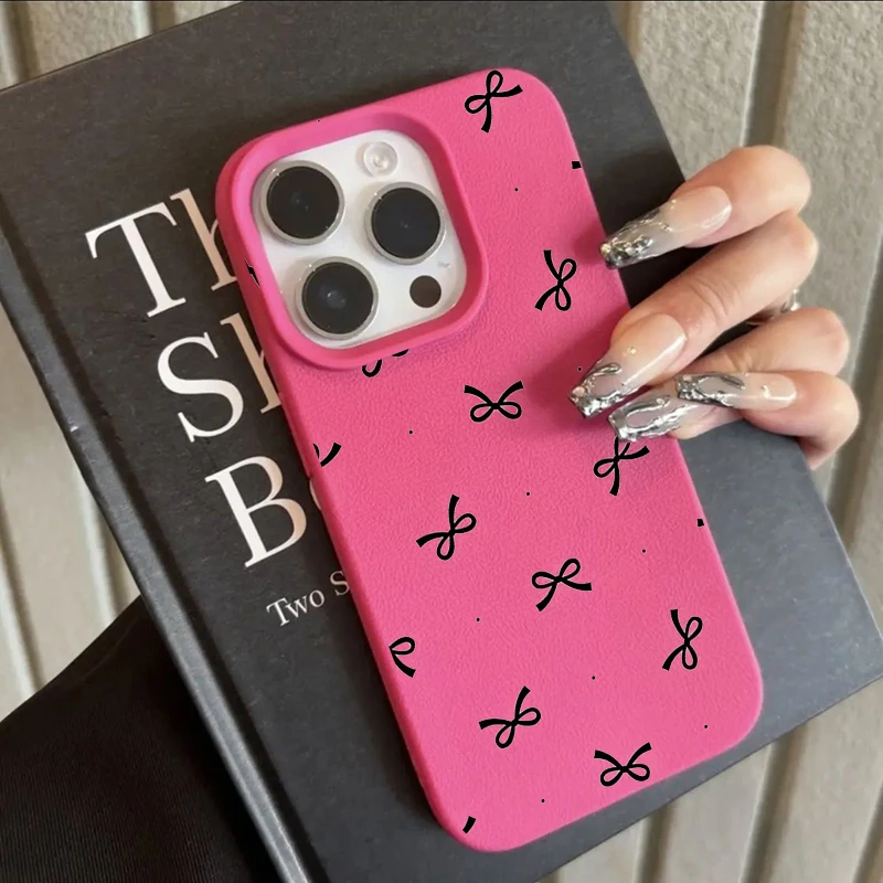 Cherry Cute Bow Shockproof Lichee Pattern Soft Phone Case Cover