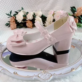 2024Lolita Style Cute Round Head Jane Pumps With Bow Women's Sweet Party Dress Midi Heels Shoes Fashion PU Sandals