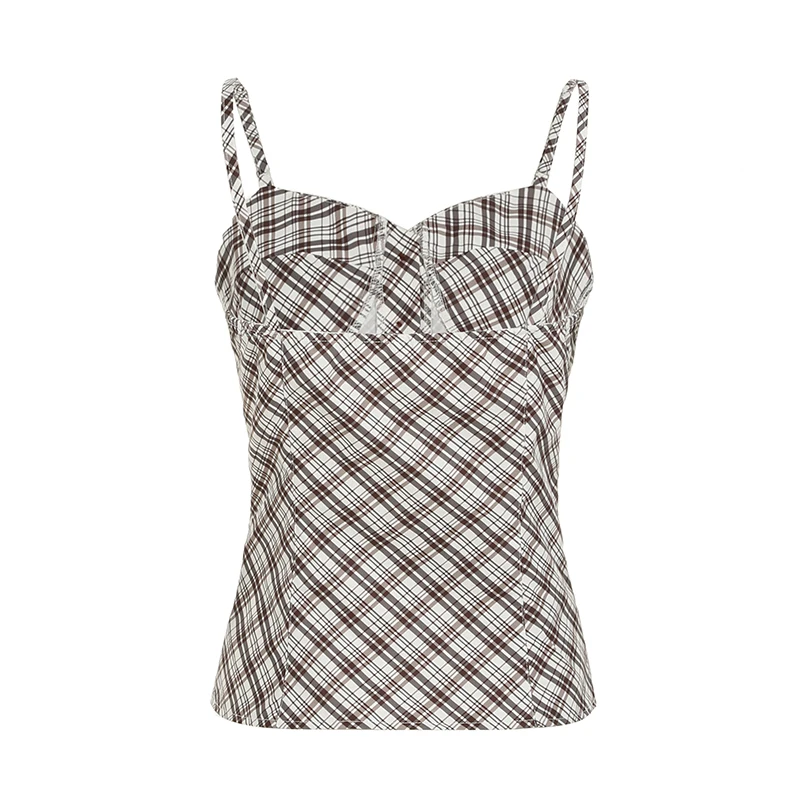 Chaleco a cuadros Y2K para mujer, estilo retro, con botones y abertura en el bajo, camisola estética chic, moda sin mangas, conjuntos de verano 2025