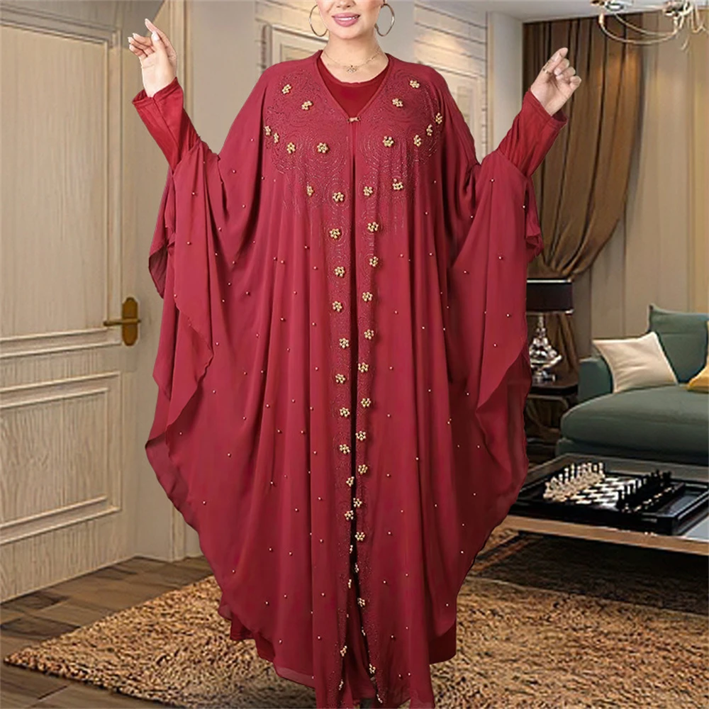 

Luxury Rhinestones African Dress for Women Kaftan Africa Clothing Ramadan Robe Chiffon Long Dress Islam Muslim Abaya 2 Piece Set