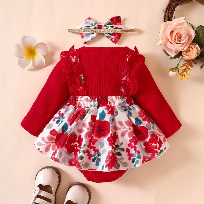 

Newborn Baby Girl Fall Clothes Sunflower Ribbed Suspender Skirt Infant Long Sleeve Ruffle Romper With Bow Headband