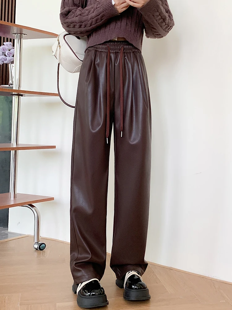 

QOERLIN Faux Leather PU Pants Women Fall Winter Elastic Waist Wide Leg Full Length Trousers Female 2023 New Pocket Pants XS-XXL