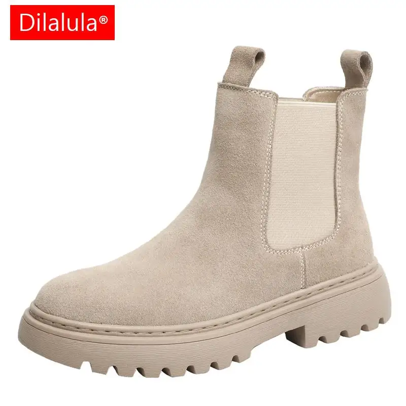 

Dilalula 2023 Autumn Winter Basic Women Ankle Boots Cow Suede Concise Working Casual Thick Heels Platforms Round Toe Shoes Woman