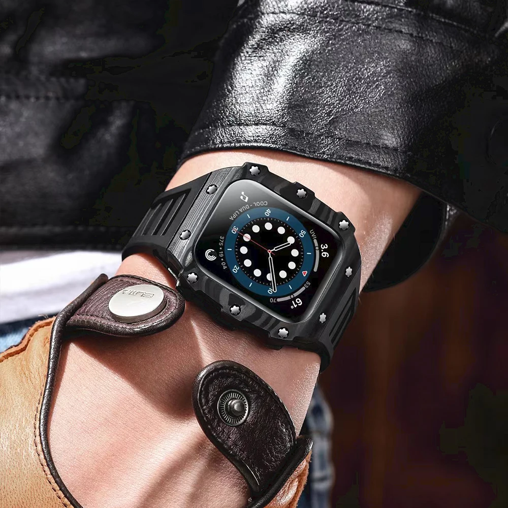 Modification Kit Strap for Apple Watch 8 7 6 5 4 SE Rubber Strap+Carbon Fiber/Ceramic Case for iWatch Series 45mm 44mm 40mm 41mm