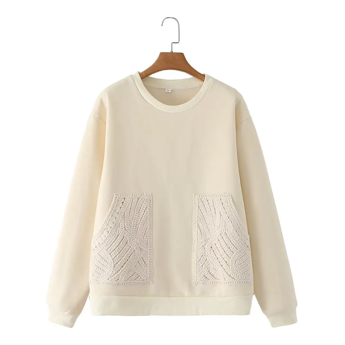 

Women Fashion Cotton Thick Knit Pocket Sweatshirt Woman O Neck Long Sleeve Pocket Ribbed Fleece Trim Top Female Chic Sweatshirt