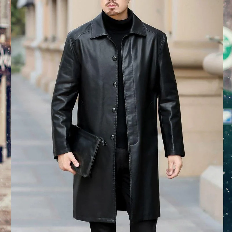 New Trench Coats Men Leather Trench Coat Casaco Masculino X-Long Jackets Fashion Outerwear Coat Jaqueta Masculina