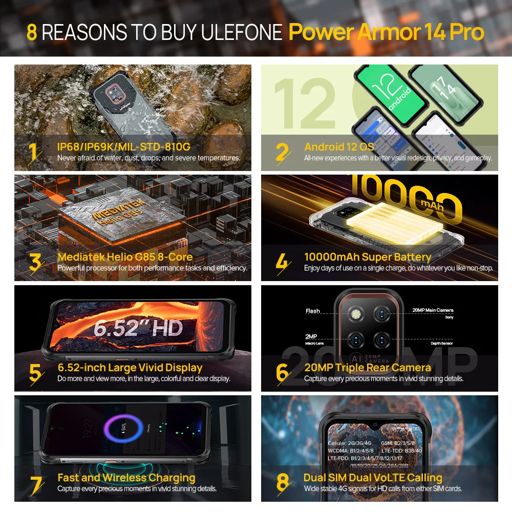 Ulefone Power Armor 14 Pro IP68 Rugged Smartphones Octa Core 8GB+128GB Android 12 Mobile Phone 10000mAh Wireless Charging NFC
