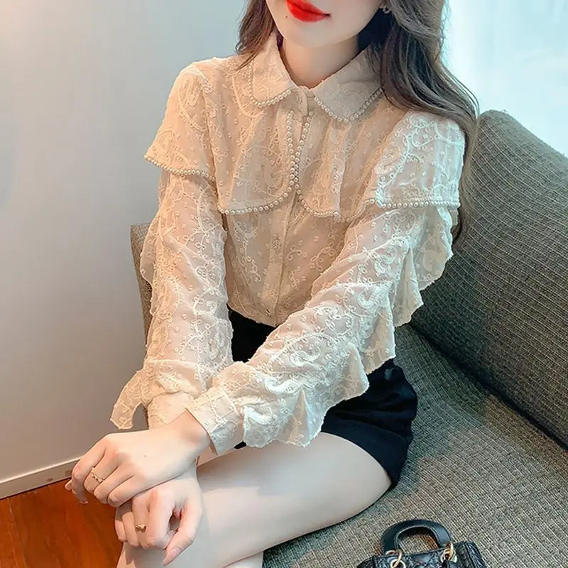 

2023 Fashion Woman Blouse Shirts for Women Stylish Long Sleeve Female Tops Peter Pan Collar Women's Autumn Clothing T849