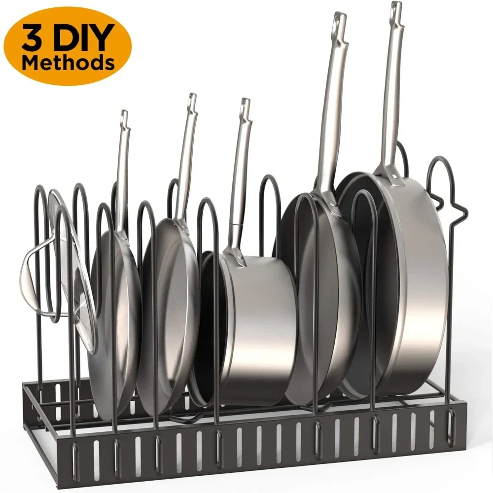 5/8 Tiers Adjustable Pots and Pans Organizer Rack 3 DIY Methods Heavy Duty Metal Pans Pots Lids Storage Holder Rack for Kitchen 5