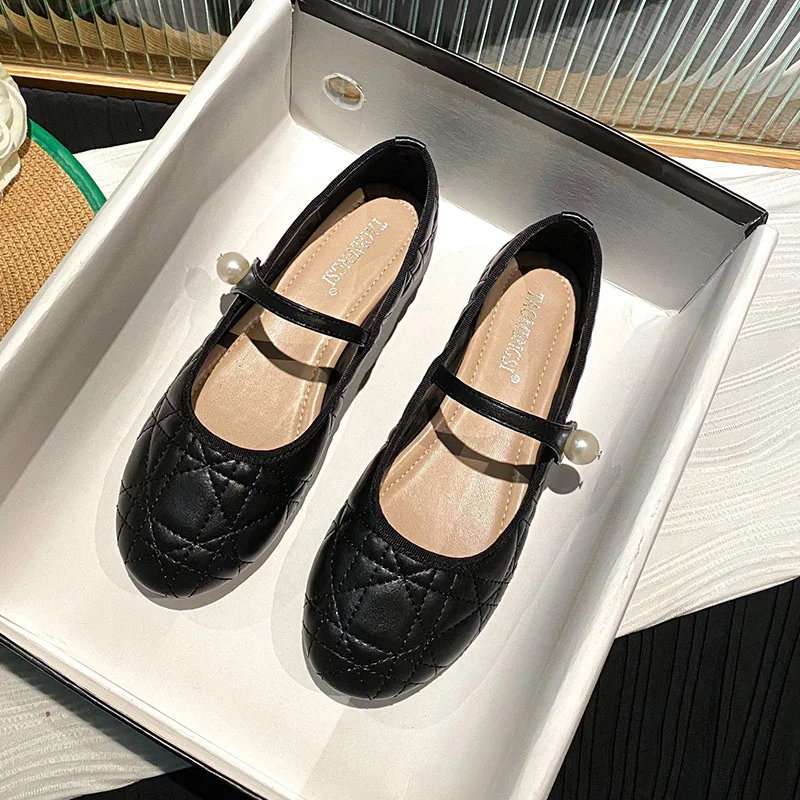 MARY JANES DRESS Women's Flats New Model ~temperament Soft Leather Diamond Grid Pearl Buckle Strap Single Shoe Woman Shoe 4.