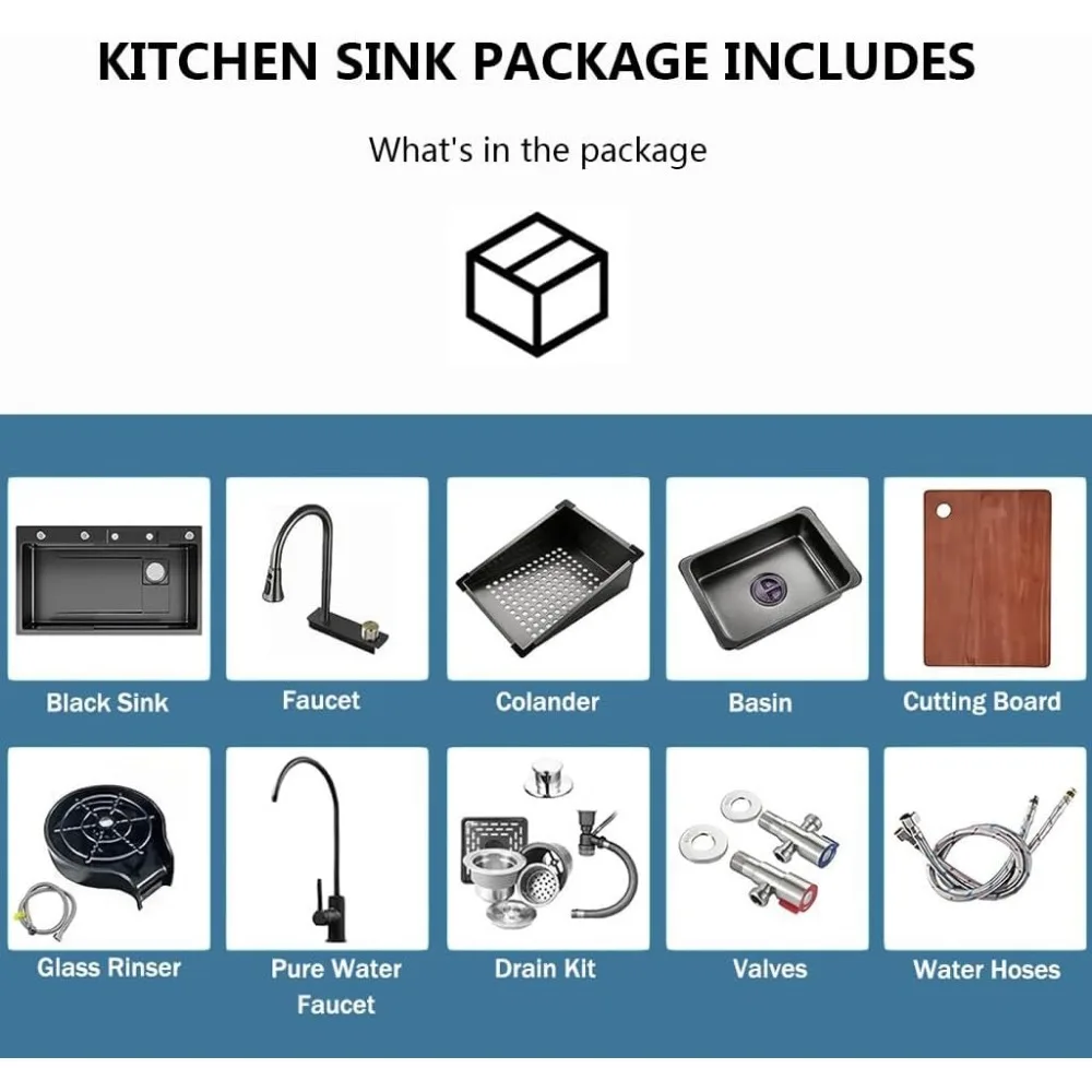 Black Waterfall Kitchen Sink Drop in Single Bowl Stainless Steel Bar Sink with Cup Washer Sinks, Topmount Workstation Kitchen 4