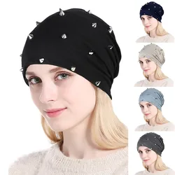 New Style Fashion Adult Cotton Hats for Unisex Autumn Spring Warm Beanies Silvery Rivet Casual Women Soft Hat Women