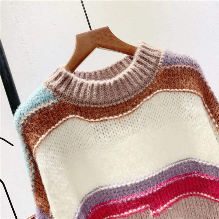 brown sweater 2020 Women Autumn O-Neck Sweater Long Sleeve Color Patch Women Warm Sweater Loose Style Winter Casual Women Pullovers Pull Femme cable knit sweater