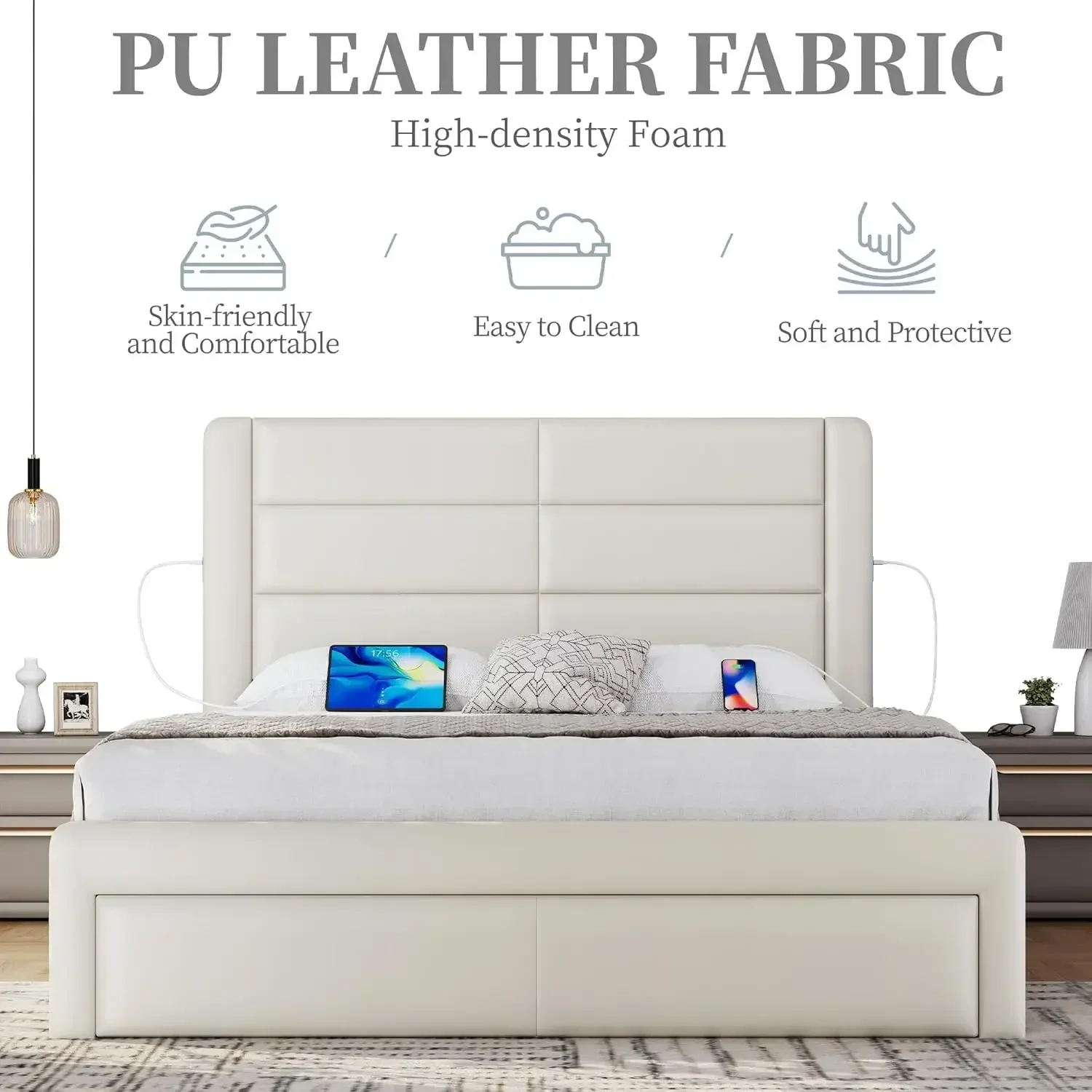 Queen Size Bed Frame with 2 USB Charging Station/Port for Type A&Type C/3 Storage Drawers, Leather Upholstered Platform Bed