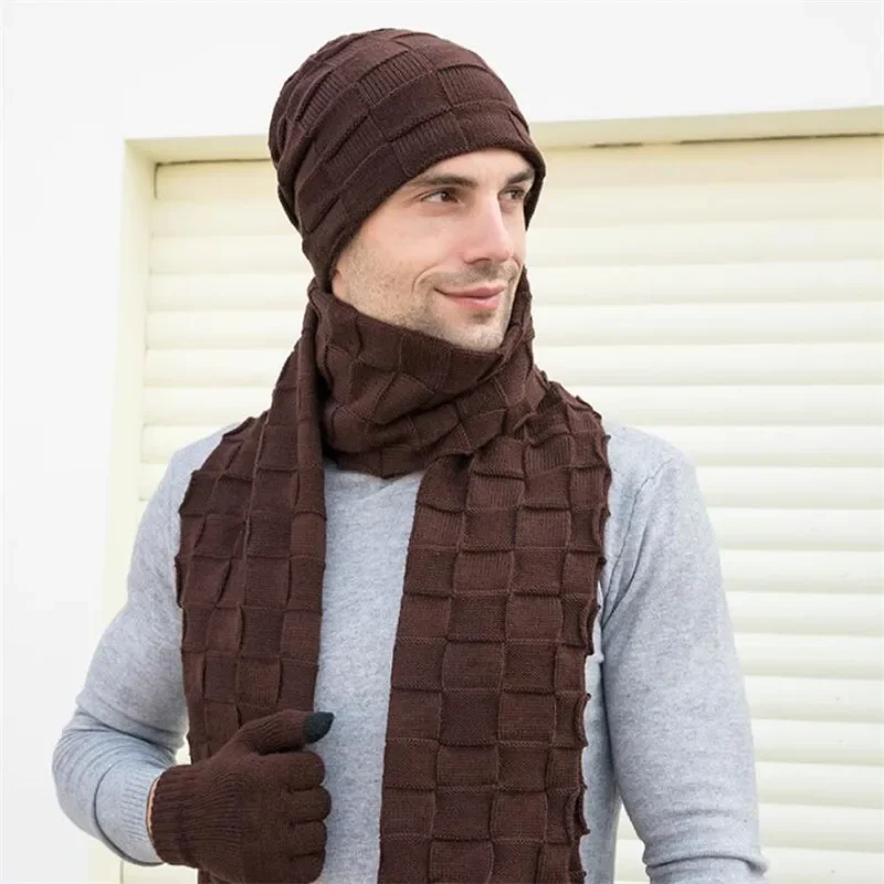 Men Knitted Long Scarf Hat Gloves 3 Piece Set Winter Warm Plush Protection Ear Cap Scarves And Touchscreen Gloves