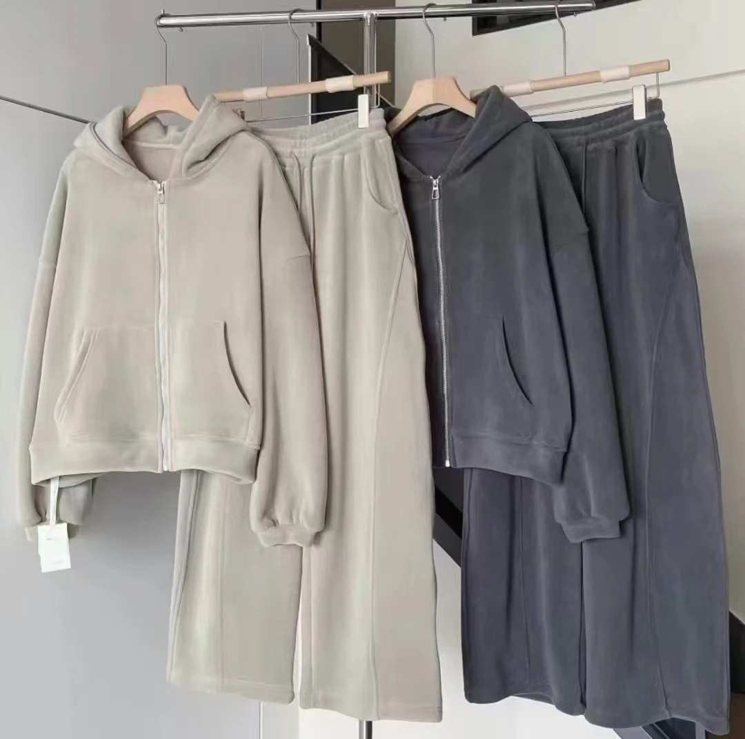 2025 Autumn New Style American Chill Short-Style Loose Zippered Top and Fleece-Lined Thickened Hooded Sweatshirt Two-Piece Set 1