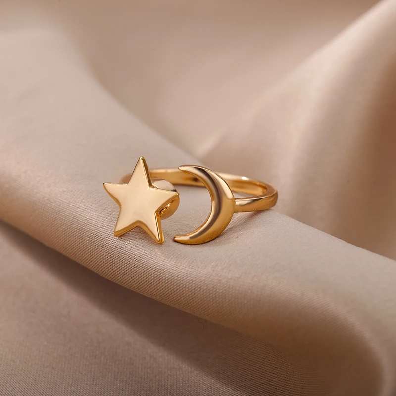 Fashion Moon Star Rings For Women Stainless Steel Gold Color