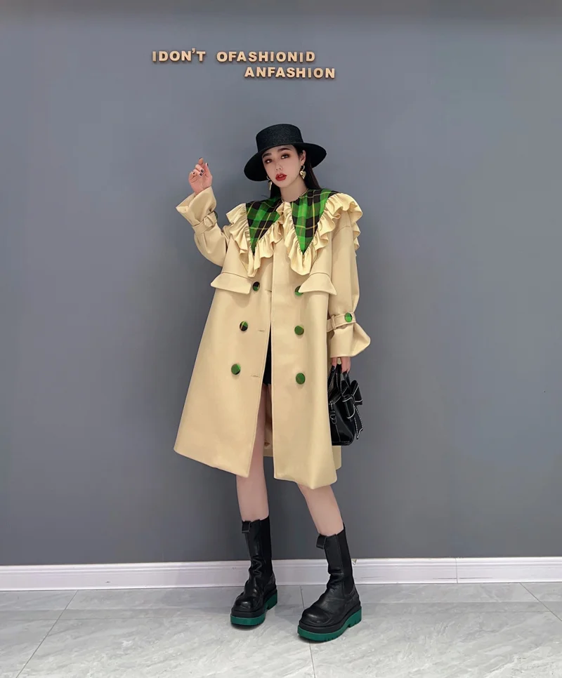 long duvet coat Vefadisa 2022 Spring Autumn The New Large Size Windbreaker Fashion Mid-length Doll Collar Double Breasted Coat Yellow LHX119 long down puffer coat