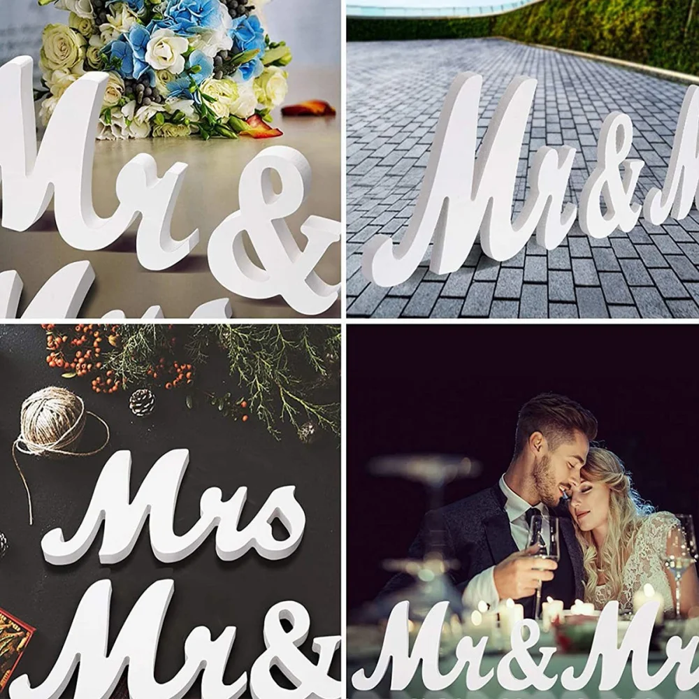 Weiße Mr & Mrs Holzornamente, Buchstabenschilder für Tischdekoration, romantische Foto-Requisiten, Hochzeitsgeschenke, rustikale Hochzeits-Party-Dekoration – Detail 7