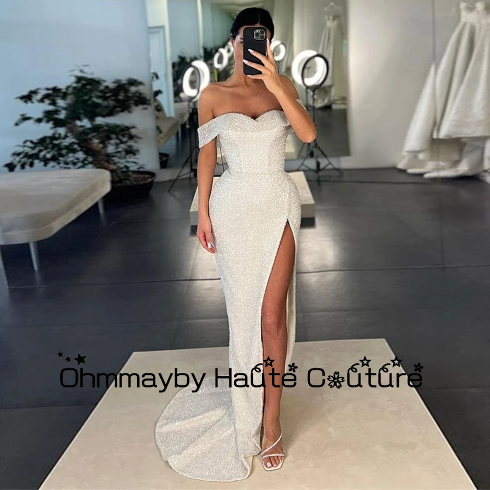 

Asymmetrical Silver Off the Shoulder Sweetheart Prom Gowns Sequined Romantic Evening Dresses 2024 New Sweep Train Summer