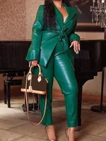 Business Casual Two Piece Set Turndown Collar Long Sleeve Pocket PU Leather 2 Piece Outfits Faux Leather Matching Set with Belt 1
