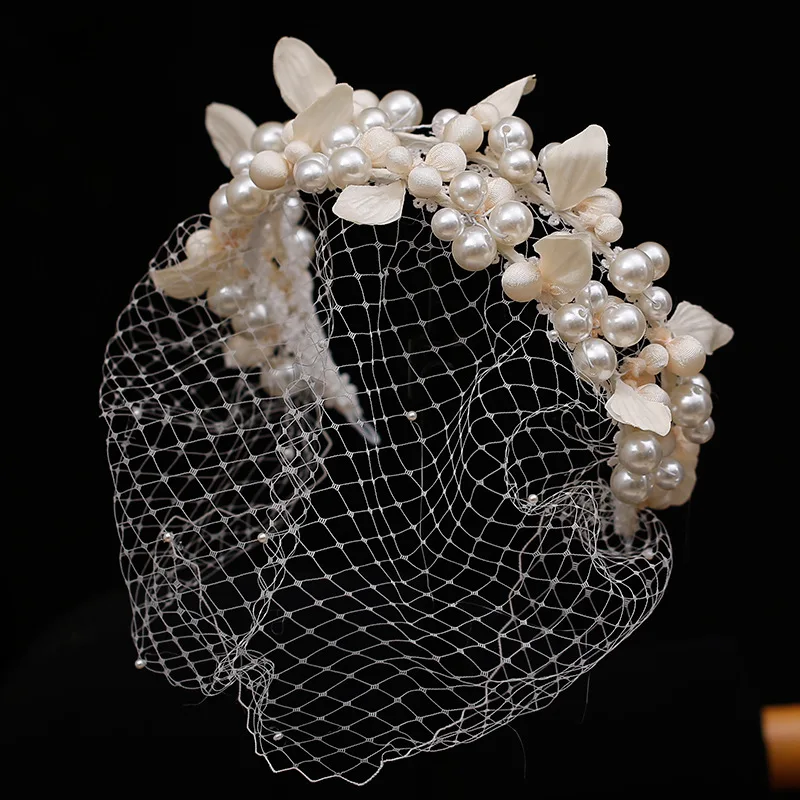 

Original handmade leaves Pearl Bride double hairband elegant apricot beaded flower veil location wedding accessories.