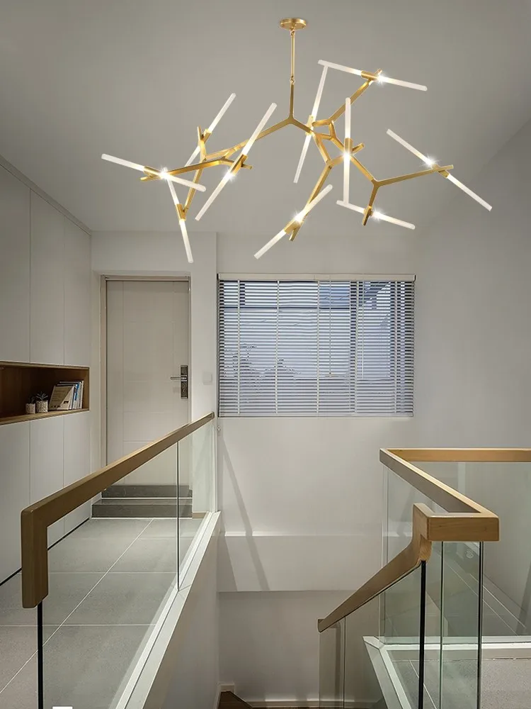 Modern Simple Pendant Lamps Loft Gold Branch LED Chandelier Indoor Lighting Fixtures Duplex Villa Rotating Staircase Chandeliers