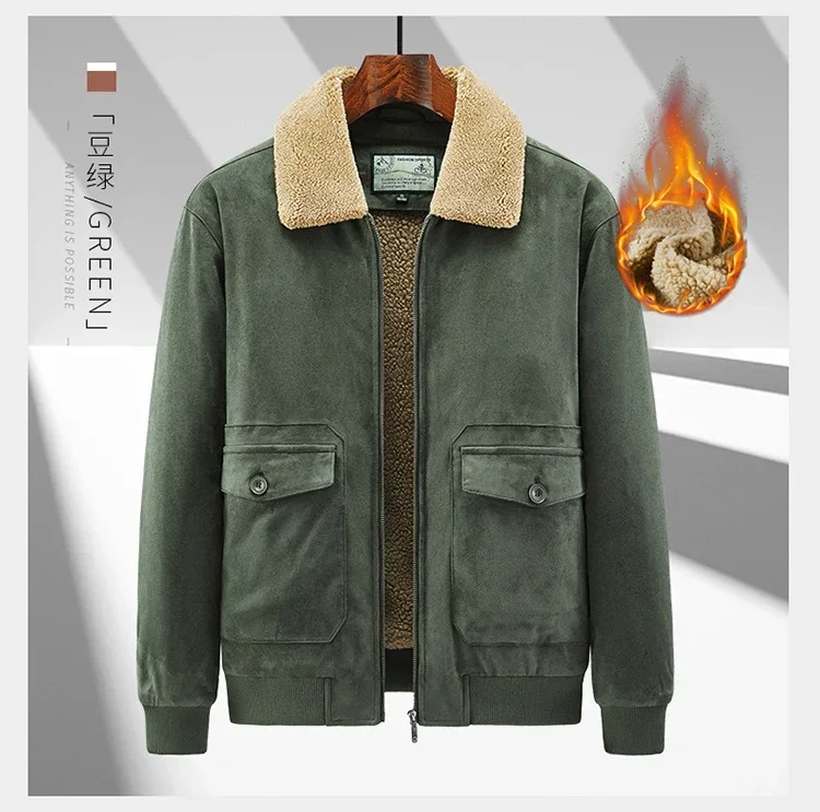 Description Picture 5 of itemAutumn Winter Men's Suede Parkas Jacket Plus Fleece Warm Thick Parkas Jacket Youth Men Vintage Loose Lapel Tooling Windproof Top