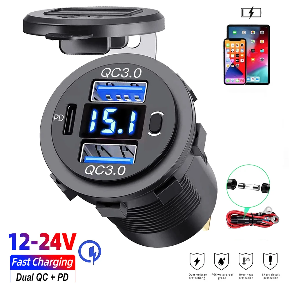 

12V USB Car Charger Socket Dual Quick Charge 3.0 & PD USB C Ports Car Charger Power Outlet with Switch for Truck RV Motorcycle